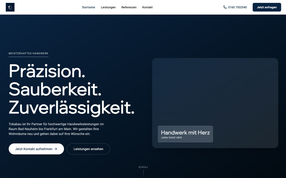 Startseite der von mir gebauten Website tokabau.com